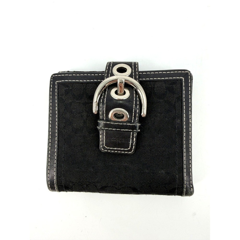 Coach Vintage Signature C Monogram Buckle Bifold Wallet Black Canvas Leather